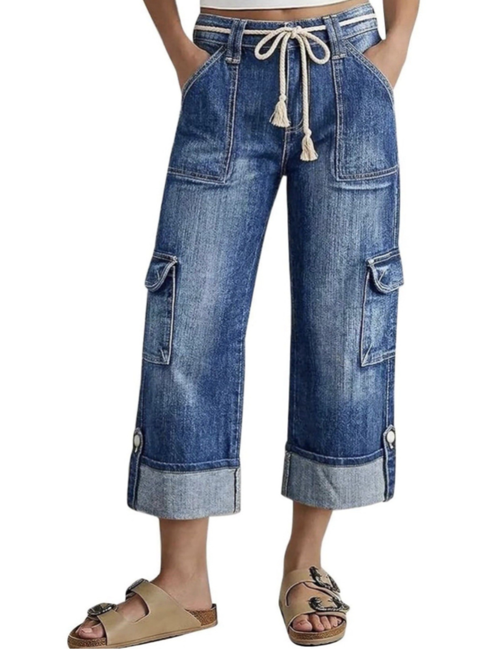 Flamingals High Waist Drawstring Wide Leg Crop Jeans for Women L